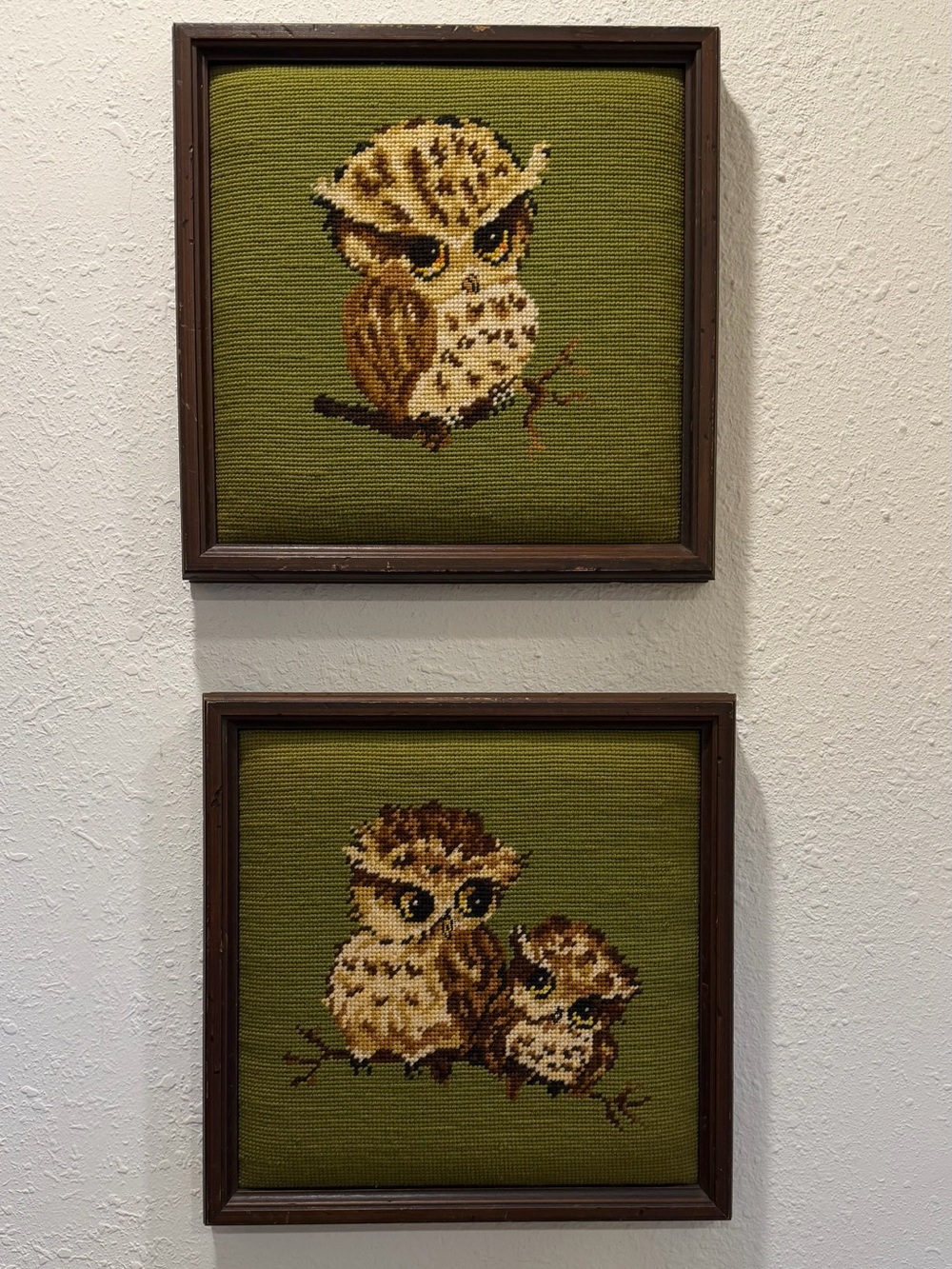 Vintage Framed Needlepoint Owl Wall Art Pair – Mid Century Woodland Decor MCM